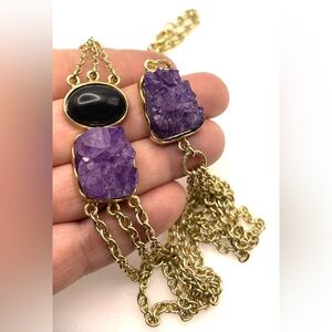 Gold Tone Draped Chain Necklace with Druzy Amethysts and Black Obsidian Cabochon